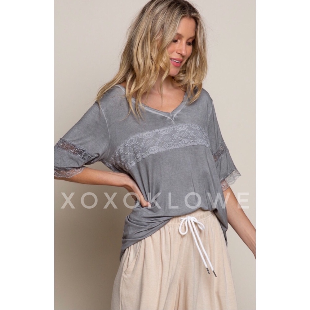 POL Lace Trimmed Premium Tee V Neck Relaxed Fit